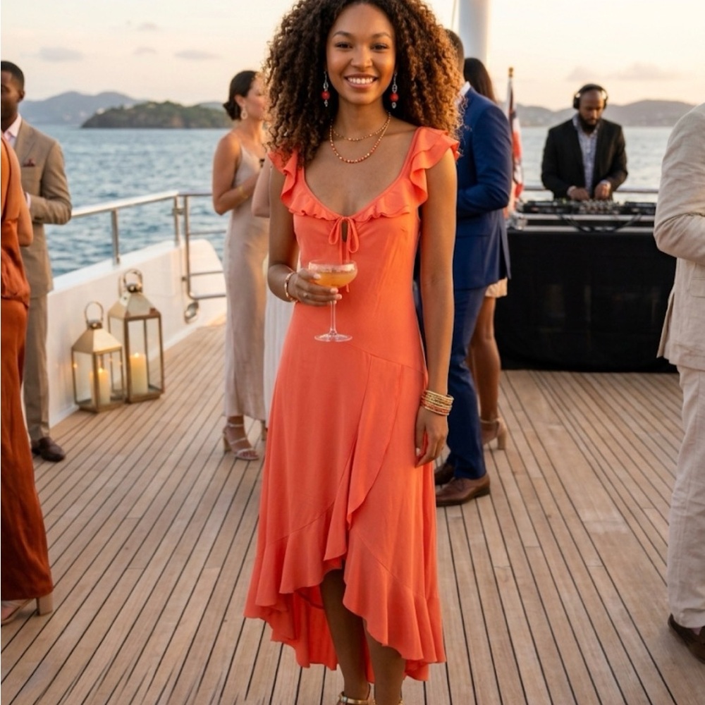 Love Ruffled V-Neck High-Low Dress in Coral Orange